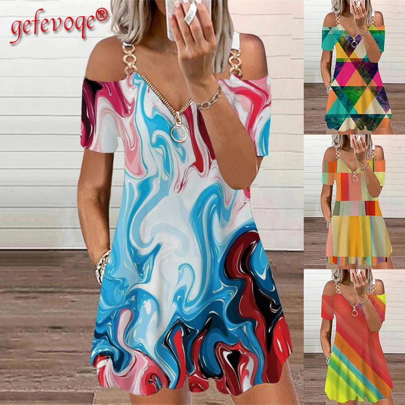 

Summer Vintage Vacation Beach Mini Dress Graphic Printing Aesthetic Sling Robe Women Sexy Off the Shoulder Zipper V-neck Dresses