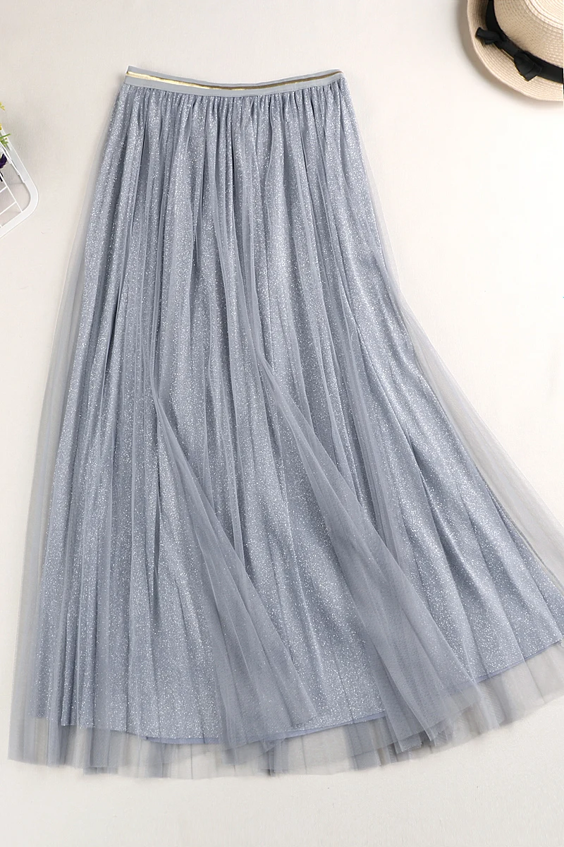 

Spring Summer Wear All-Match Thin Mesh High Waist Elastic Bright Silk Skirt Mid-Length Pleated Half-Length Skirt