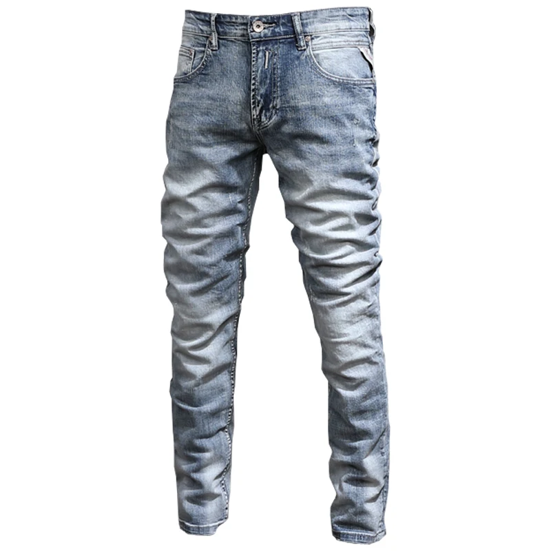 Italian Style Fashion Men Jeans Retro Light Blue Elastic Cotton Ripped Denim Trousers Vintage Designer Casual Slim Long Pants | Мужская