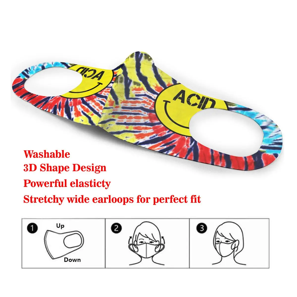 

Washable Earloop Mask 3D Acid Smile Face Tie-Dye Cycling Anti Dust Mouth Face Care Respirator for Summer