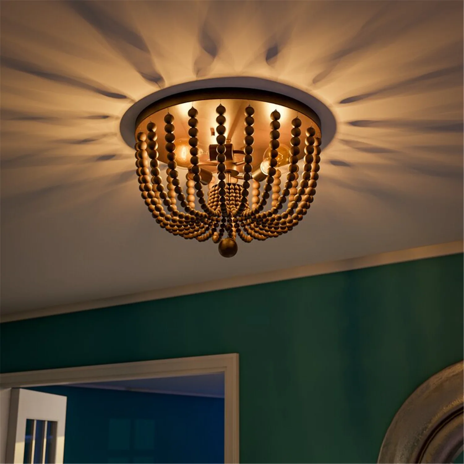 

Bohemia Wood Beaded Flush Mount Ceiling Light Antique Rustic Mini Chandelier White Finishing for Bedroom, Kitchen Island Dia35cm