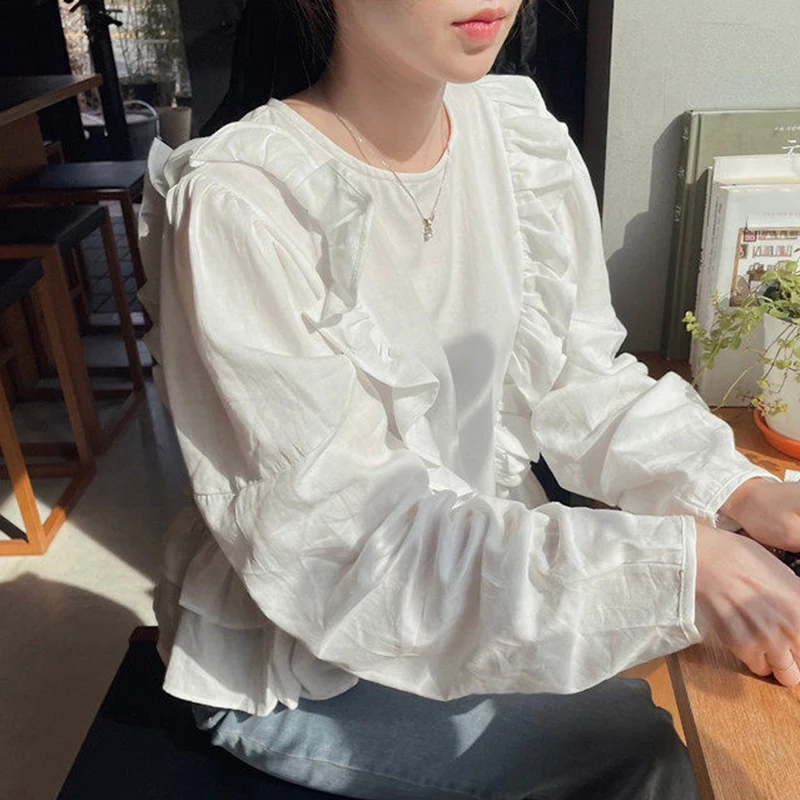 

ONALIPPA Women Shirt 2021 Autumn Korean Chic Age-Reducing Sweet Wooden Ear Stitching Design Loose All-Match Puff Sleeve Blouses