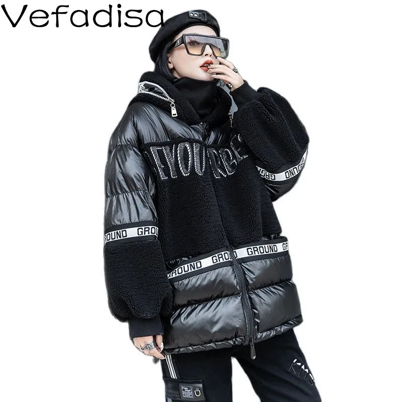 

Vefadisa Fashion Letter Print Stitching Cotton Jacket 2021 Winter New Style Plus Cotton Loose Hooded Padded Jacket TT728