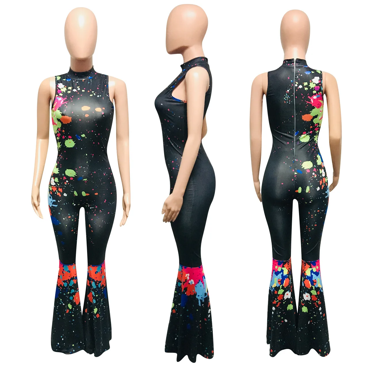 

HAOOHU Women Painting Print Sleeveless Stand Neck Ruffles Wide Leg Flare Jumpsuit Sexy Party Night One Piece Overall Rompers