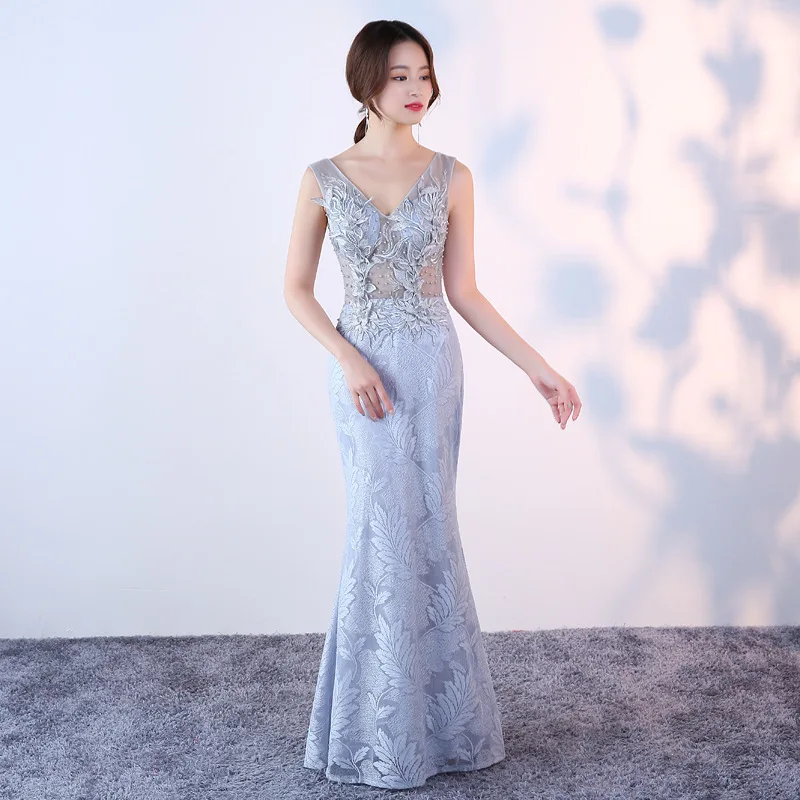 Женское прозрачное кружевное платье-Ципао голубое длинное вечернее платье в