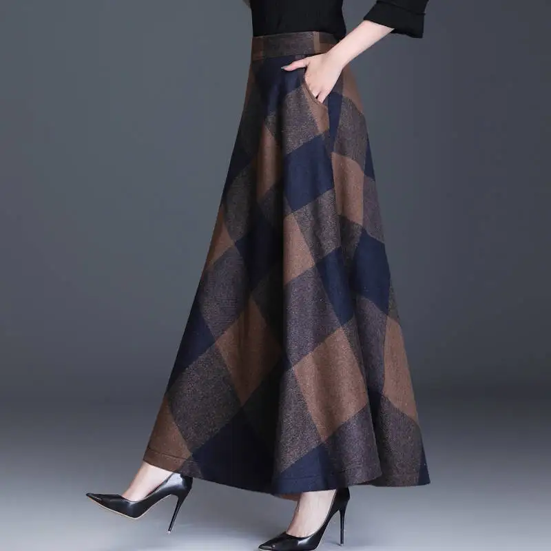 

Autumn and Winter Woolen Printed Skirt High Waist Long Big Hem A- line Skirt Woman Skirts Mujer Faldas Saias Mulher