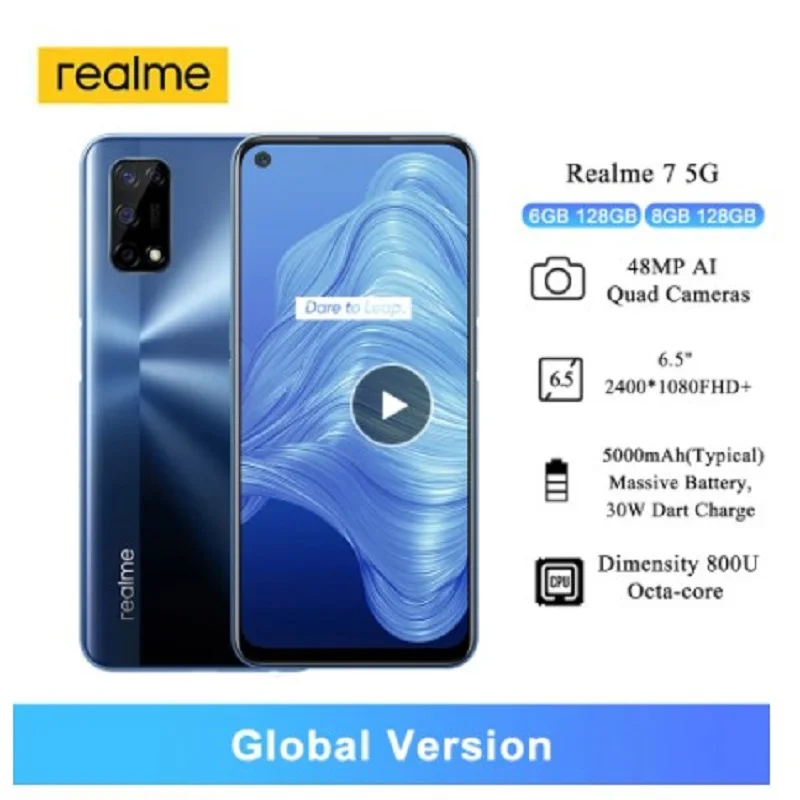 

realme 7 5G Dimensity 800U 6GB 128GB 120Hz Display 48MP Camera 5000mAh Global Version 30W Dart Charger 6GB RAM Mobile Phone