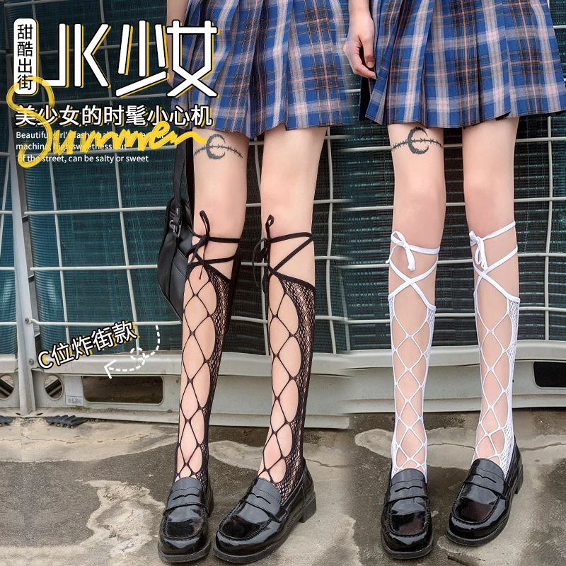 White Lace-up Calf Socks Women's Summer Thin Lace JK Stockings Tube Socks Black Stockings long socks  sock  white socks long