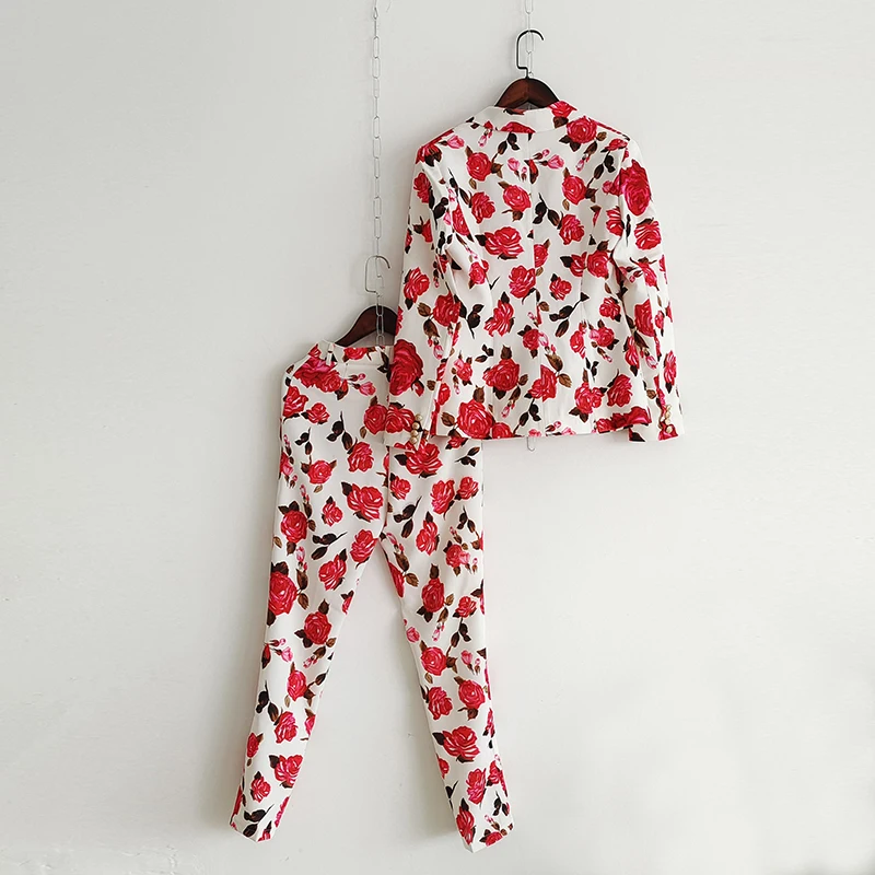 

2021 Office Ladies Twinset Runway Fashion Rose Print Blazers + Full-Lenght Pants Elegant Working Sets