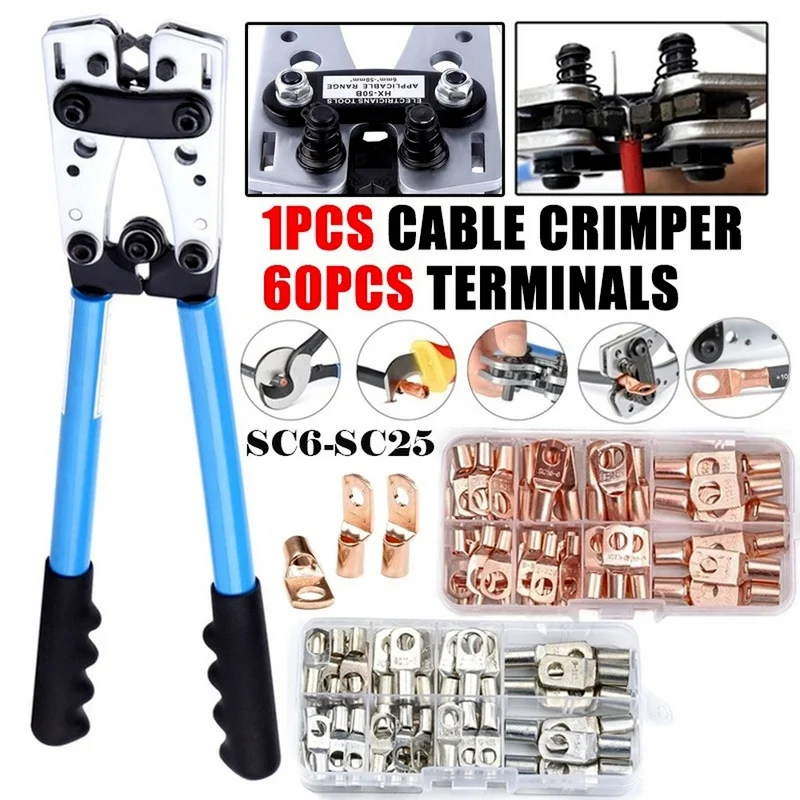 

60PCS Gold/Silver SC Copper Ring Lug Crimp Terminals with Multifunctional HX-50B Cable Crimping Tool Crimper Plier