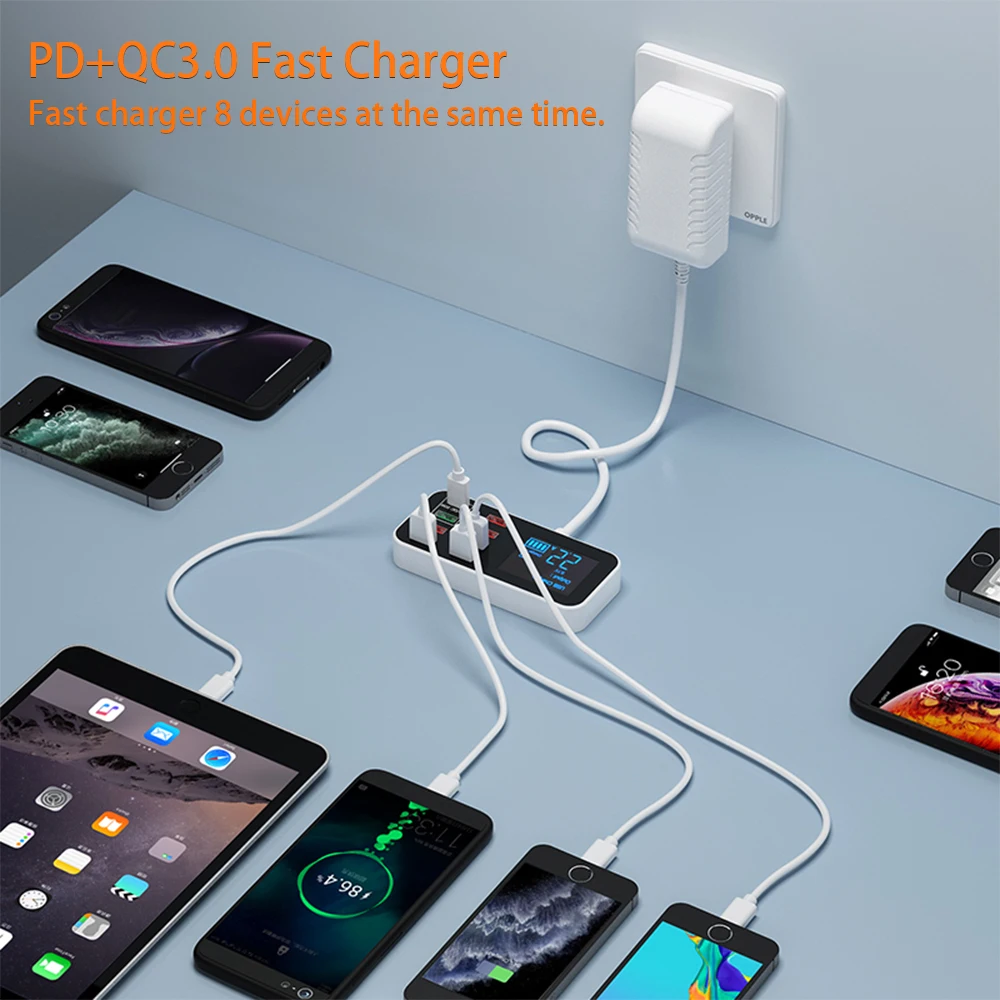 8 портов несколько USB-зарядных устройств с портом быстрой зарядки и ЖК-дисплеем