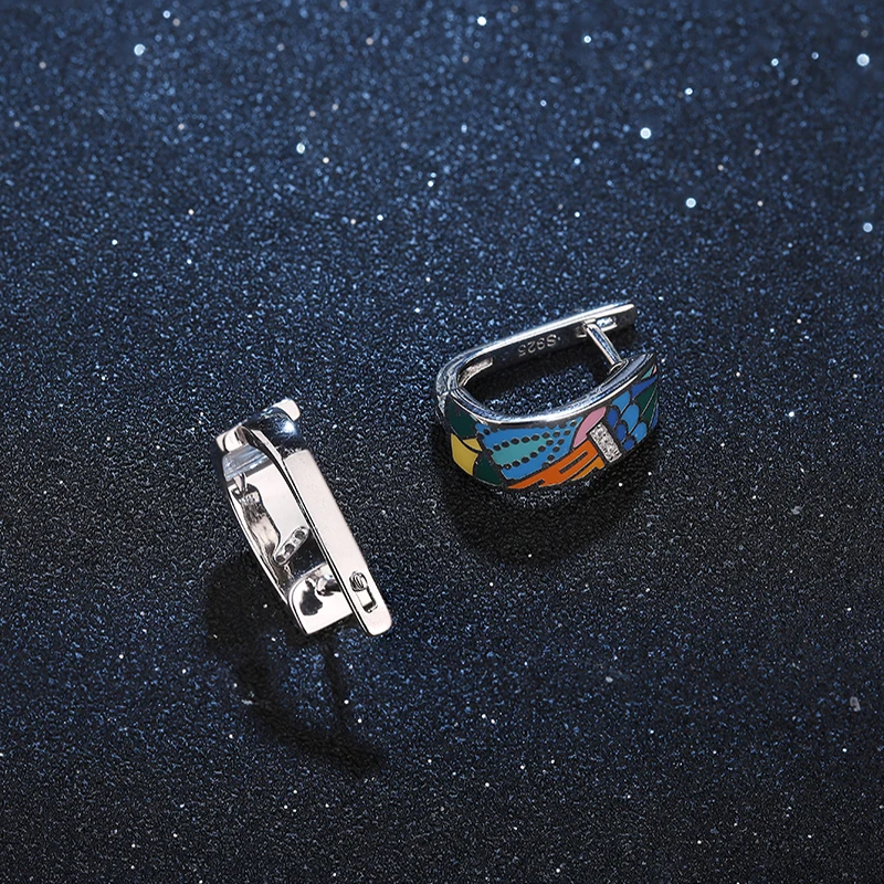 Женские серьги-Клипсы из серебра 2018 пробы с эмалью фианитом Морского Пейзажа