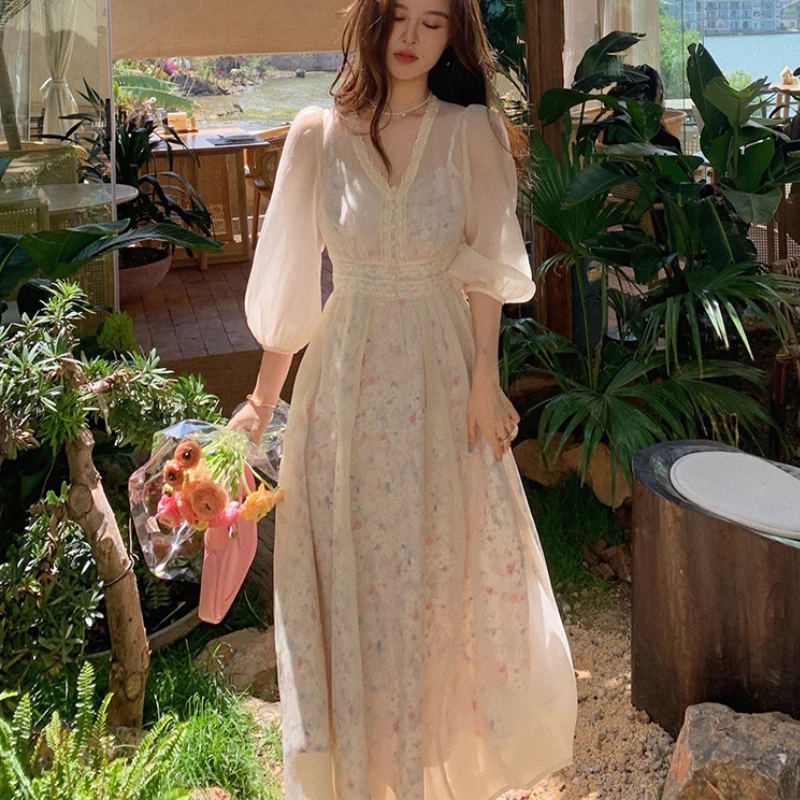 

Summer Elegant Women's Floral Strap Dress 2021 V-Neck Half-Sleeved Mesh Dress Ladies Two-Piece Set Vestidos
