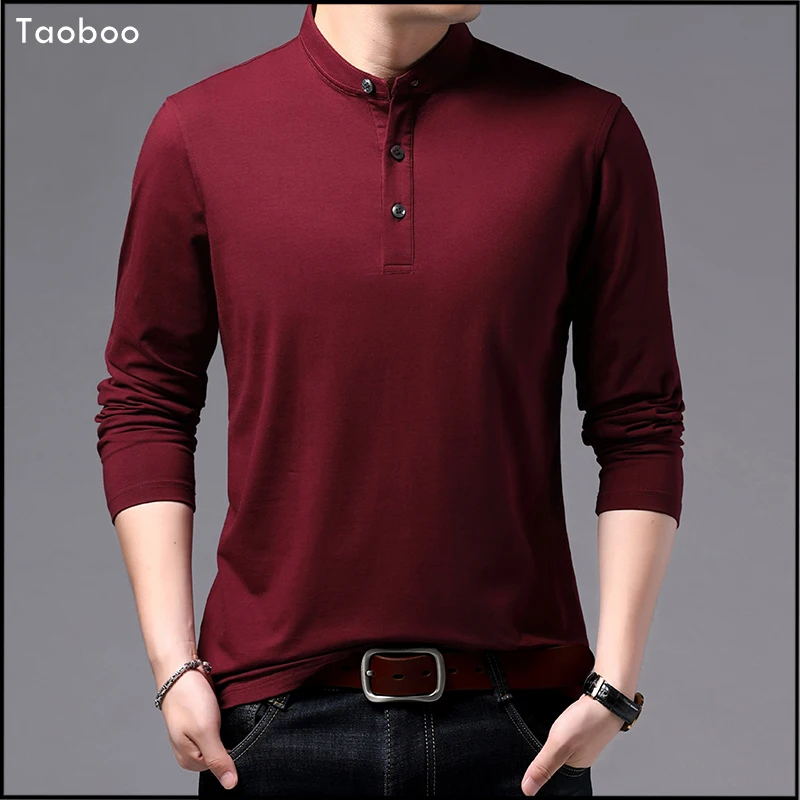 Taoboo Новая Модная хлопковая футболка для мужчин с длинным рукавом, мужские однотонные топы, деловые повседневные футболки, мужская одежда со средним воротником