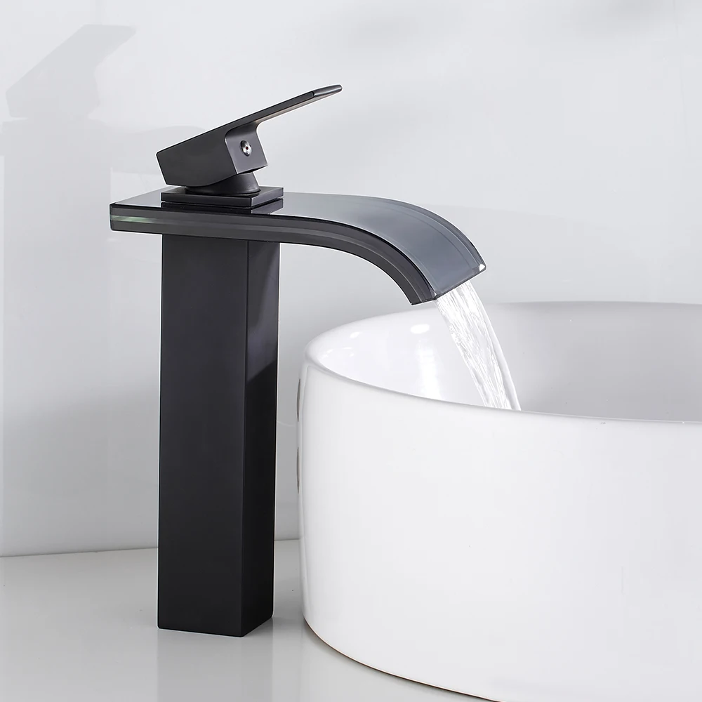 

Bathroom Sink Faucet Basin Sink Mixer Tap Black Brass Glass Waterfall Hot and Cold Water Bar Faucet Ceramic Single Hole Handle