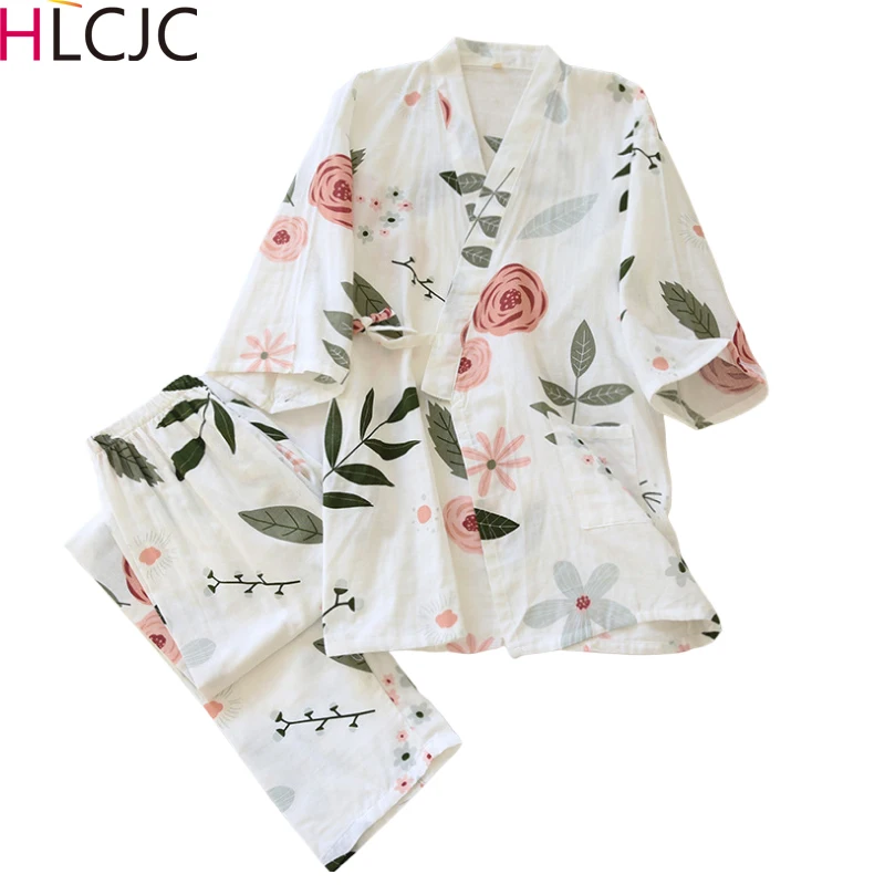 Пижама женская хлопковая газовое кимоно одежда для сна с V-образным вырезом и