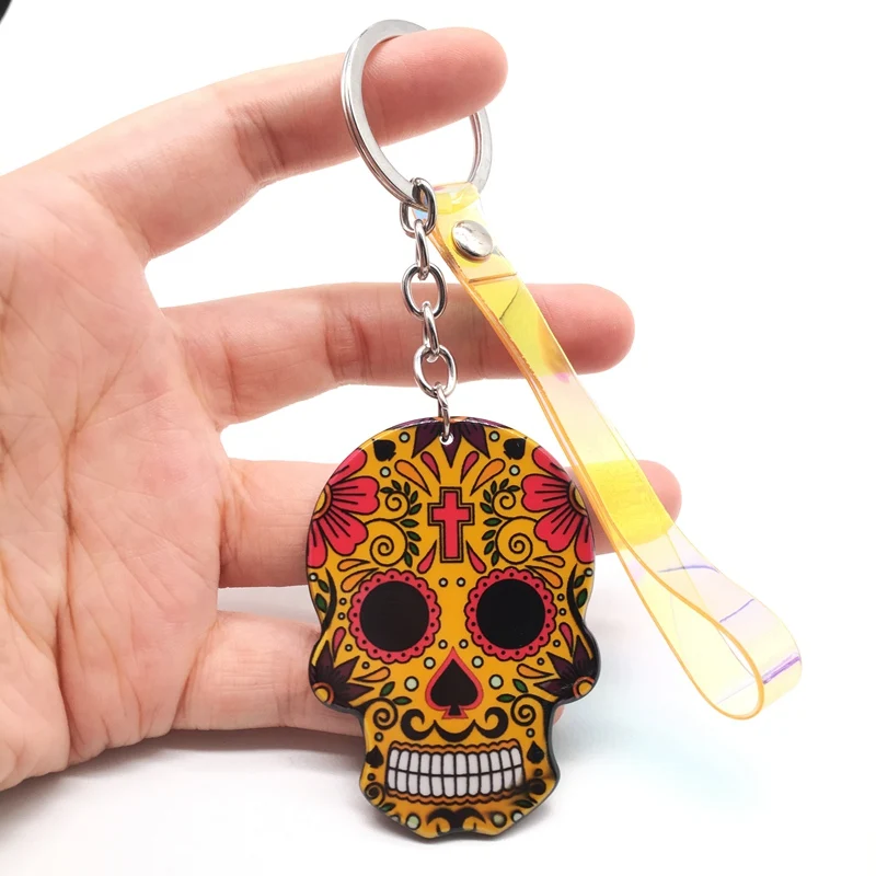 Брелоки Calavera мексиканские причудливые брелки для ключей с черепом пользовательский лазер Dazzle Rope Sugar Skull брелок сумка Шарм сладкий подарок - Цвет: A