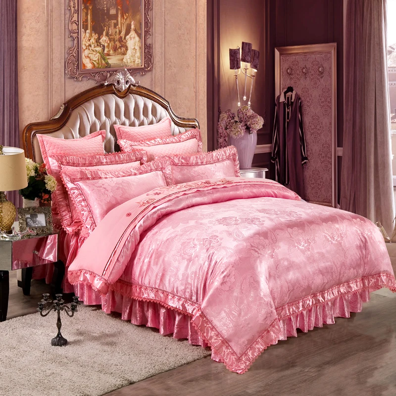 

Thick Bed skirt set Luxury Satin Jacquard Bedding sets King Queen Size Duvet cover set Bed spread Bedclothes Pillowcases