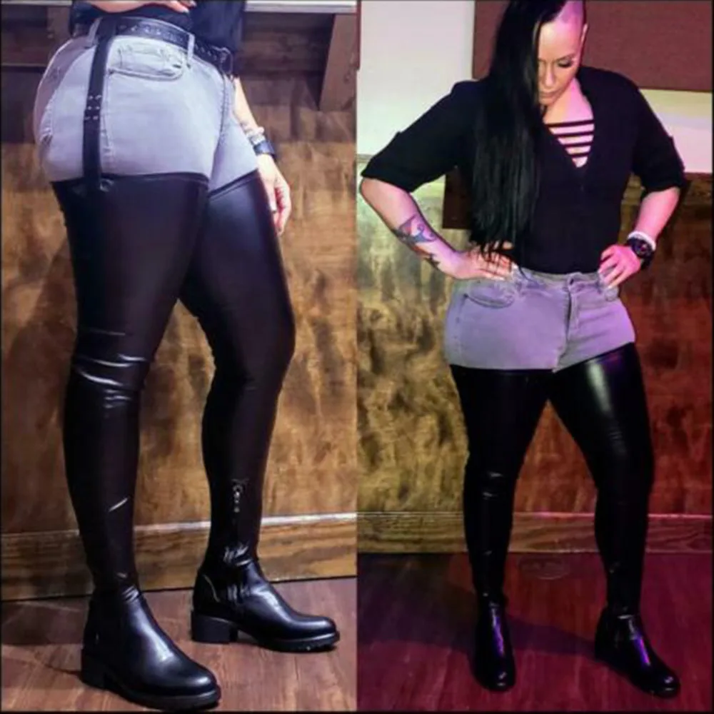 Lady Sexy Black Long Belt Botas Over The Knee Thigh High Boots Women Round Toe Flat Bottom Side Zipper Plus Size Winter Shoes