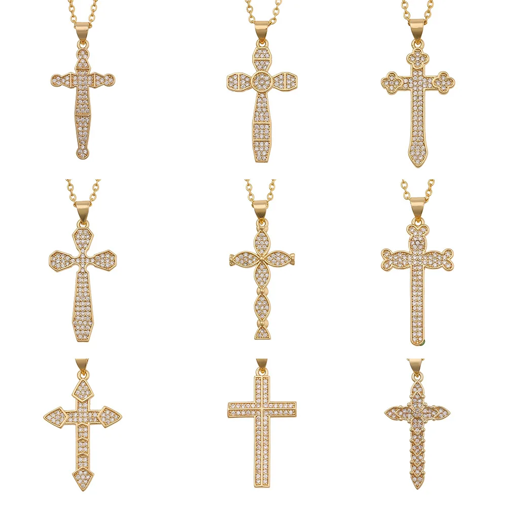 

Fashion Real Gold Plated Copper Ankh Cross Pendant Necklace with Zircon for Women Men Hip Hop Choker Long Chain Jewelry Gift