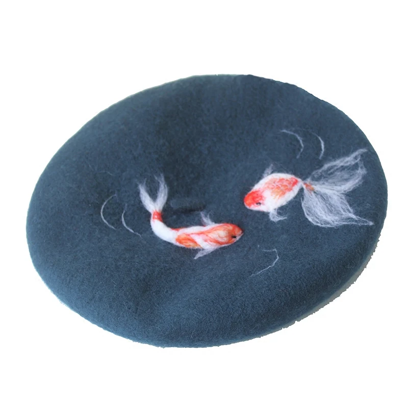 

Handmade wool felt lucky koi creative birthday gift cap beret painter cap Chinese wind