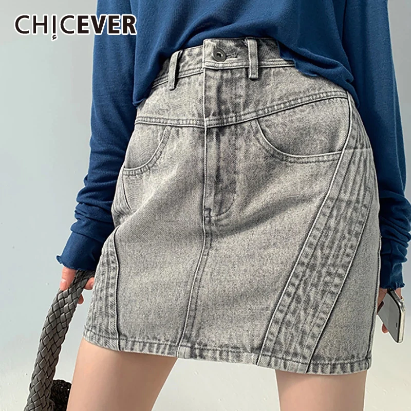 

CHICEVER Casual Solid Denim Skirt Females High Waist Patchwork Slimming Mini Women's Skirts 2021 Summer Fashion Clothing New