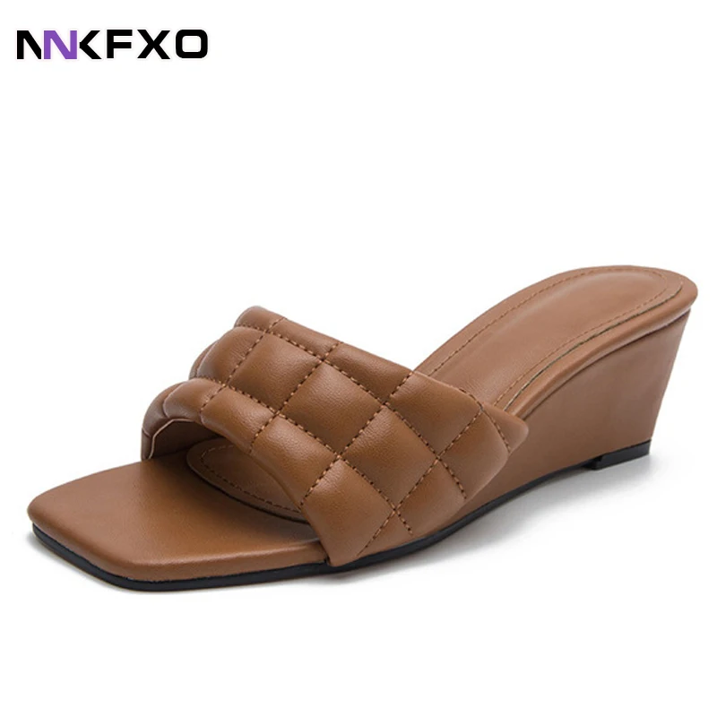 

Women Summer Slippers Ladies Square Toe Sandals Slipper Casual Beach Sewing Wedge slippers Female Slip On Shoe Sandalias vc3138