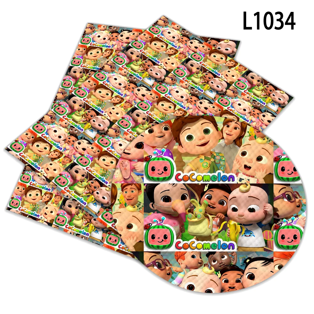 

Faux Leather Kawaii Cocomelon Cartoon TV Pattern Printed Synthetic for DIY Hairbow Accessories Decoration 30 Cm X 22cm