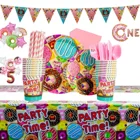 Новое украшение для тематической вечеринки в виде пончика на день рождения для девочек, воздушный шар, тянущийся флаг, бумажное полотенце, чашка, тарелка, скатерть, украшение для будущей мамы