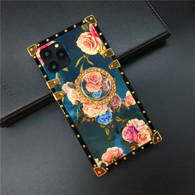 Blue Ray розовый цветок для iphone 11 Pro X XR XS Max 8 7 Plus квадратные чехлы для телефонов для samsung Galaxy S9 Plus Note 10 8 9 чехол - Цвет: 2With Ring