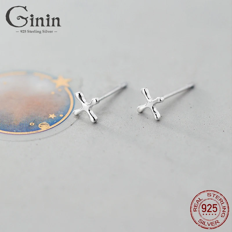 

Ginin 925 Sterling Silver Stud Earrings Women's Japanese and Korean Style Small Trend Simple Fashion Cross Glossy Ear Jewelry