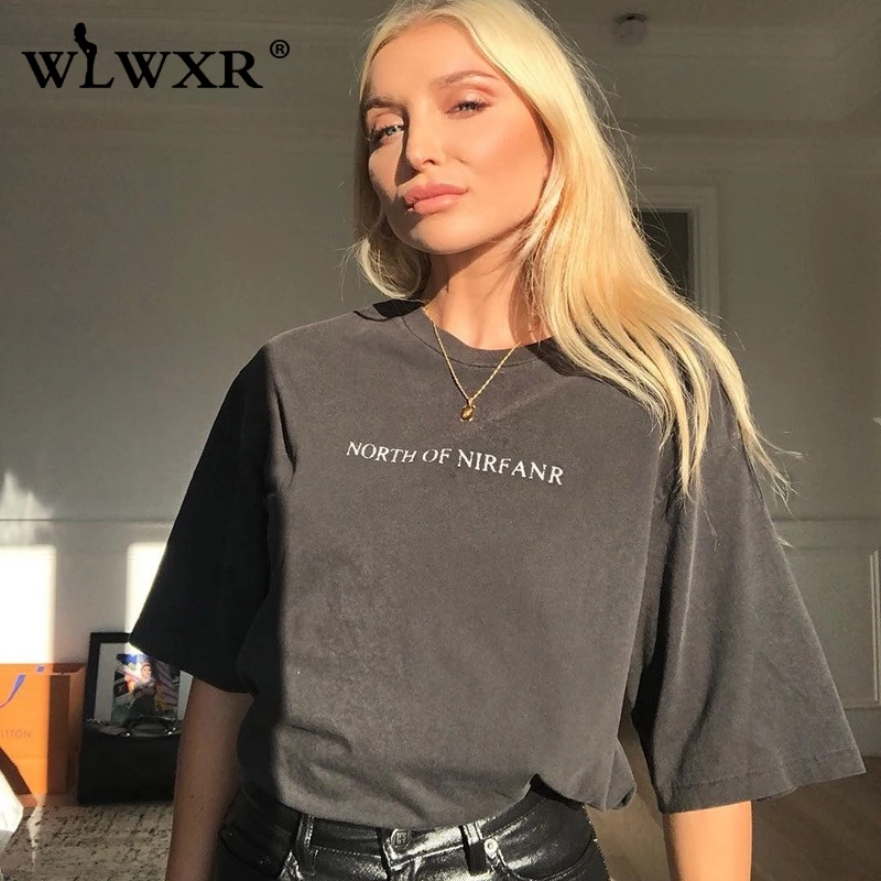 WLWXR Повседневная Harajuku негабаритная футболка Женская Топ с буквенным принтом О-образным вырезом серая летняя свободная длинная футболка женская футболка