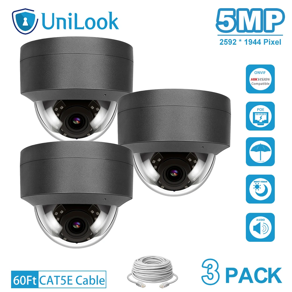 Камера видеонаблюдения UniLook 5 Мп POE IP 3 шт. серая посылка встроенный микрофон IP66 IR 30