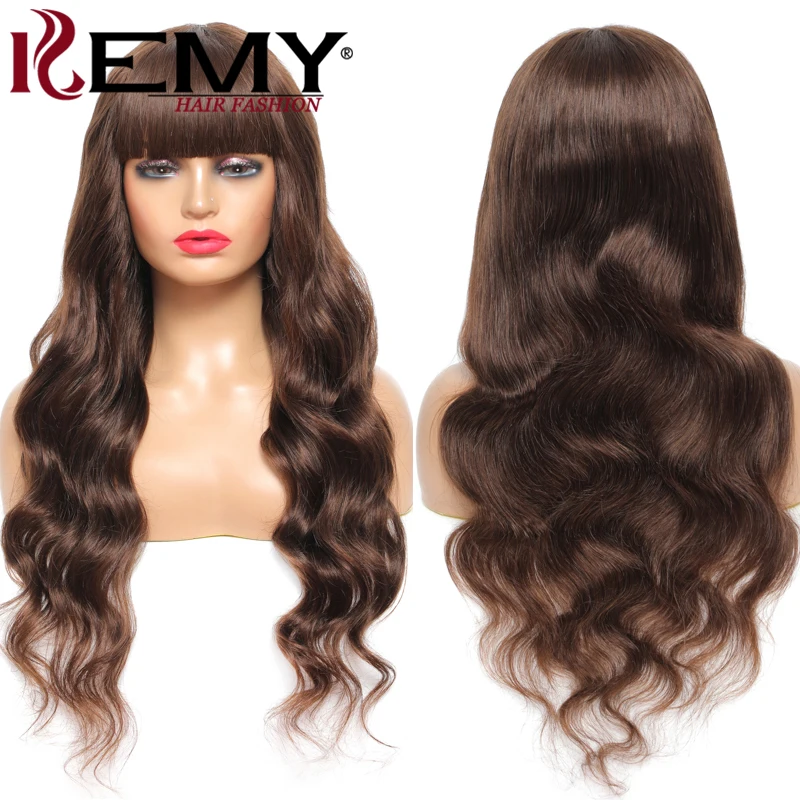 

Body Wave Wig With Bangs Brazilian Human Hair Wigs For Black Women Medium Brown Remy Full Machine Bangs Wig 150% Density KEMY