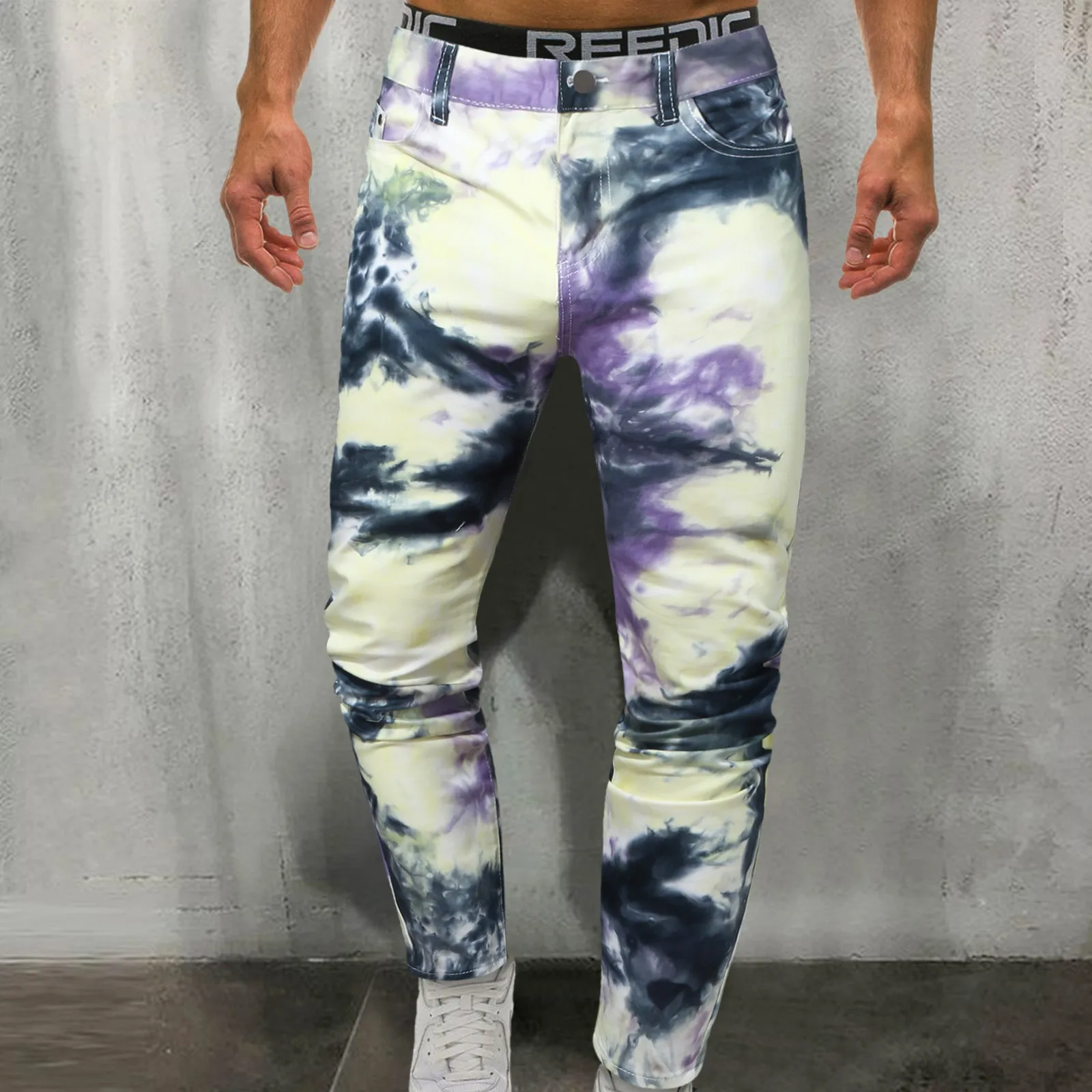 

Men Mid-waist Slim-fit Jeans Men's Tie-dyed Denim Button Jeans With Pocket Casual Fashion High Quality Pants Штаны Мужские 2021