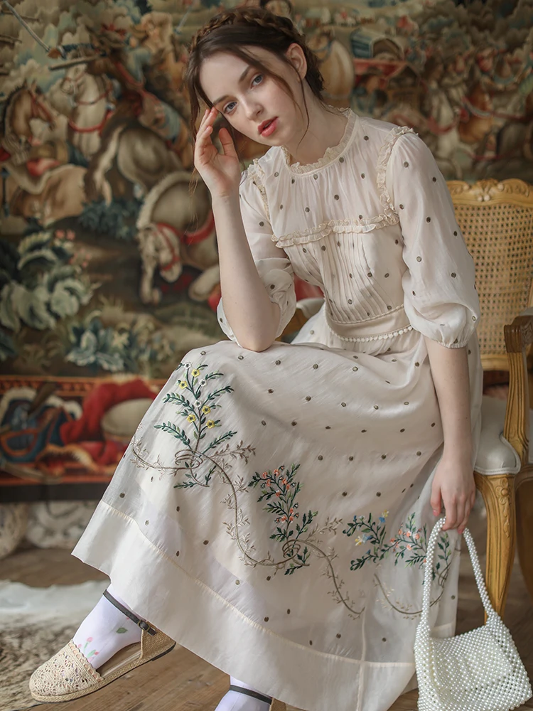 Женское винтажное длинное шифоновое повседневное приталенное платье в горошек с