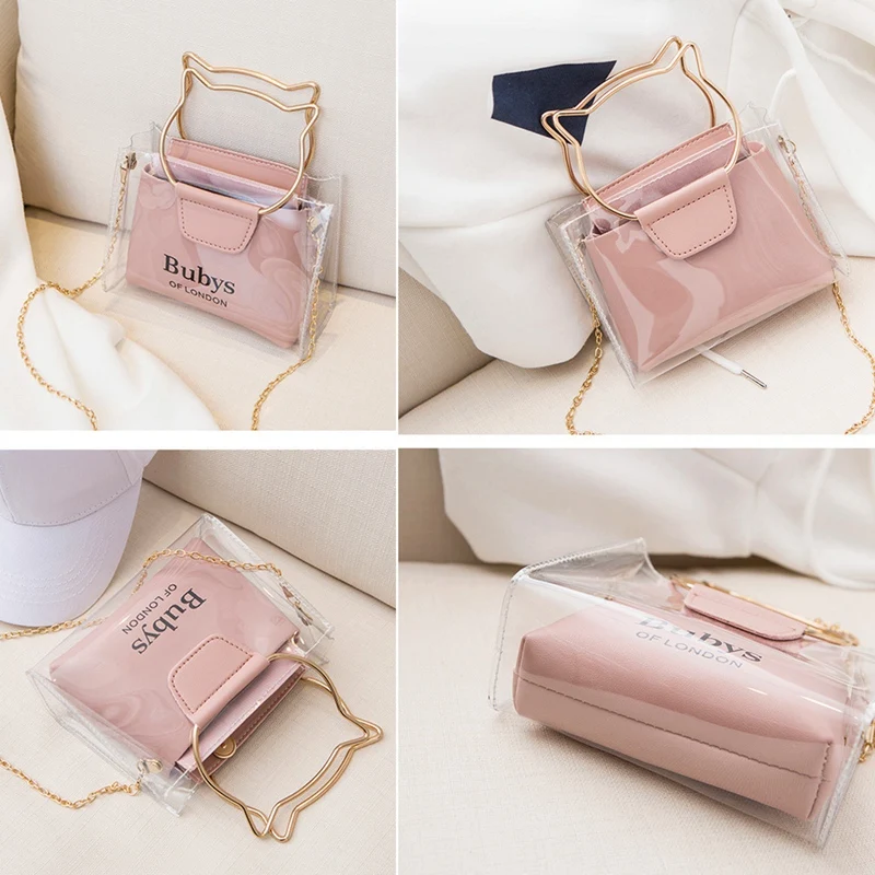 

ASDS-Women Handbag PVC Transparent Letter Printing Metal Chain Cute Jelly