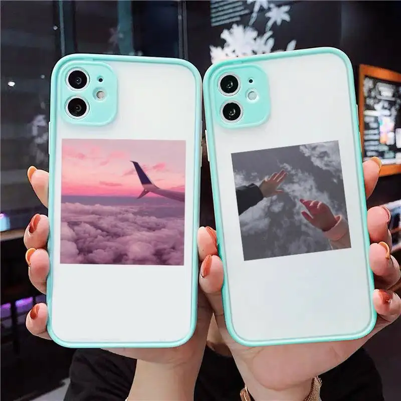 

Fashion art clouds airplane Phone Case For iPhone 13 12 11 Mini Pro XR XS Max 7 8 Plus X Matte transparent blue Back Cover