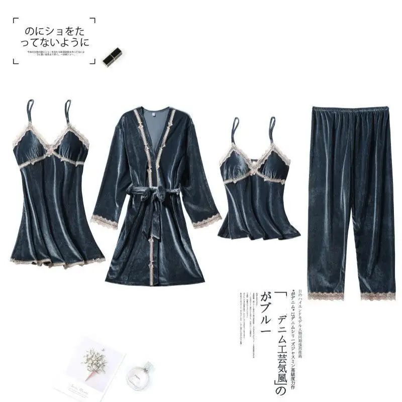 

Velour 4PCS Pajamas Set Women Sexy Lace Trim Robe Nightgown Cami Pants Suit Loose Casual Bathrobe Autumn Winter Home Dress