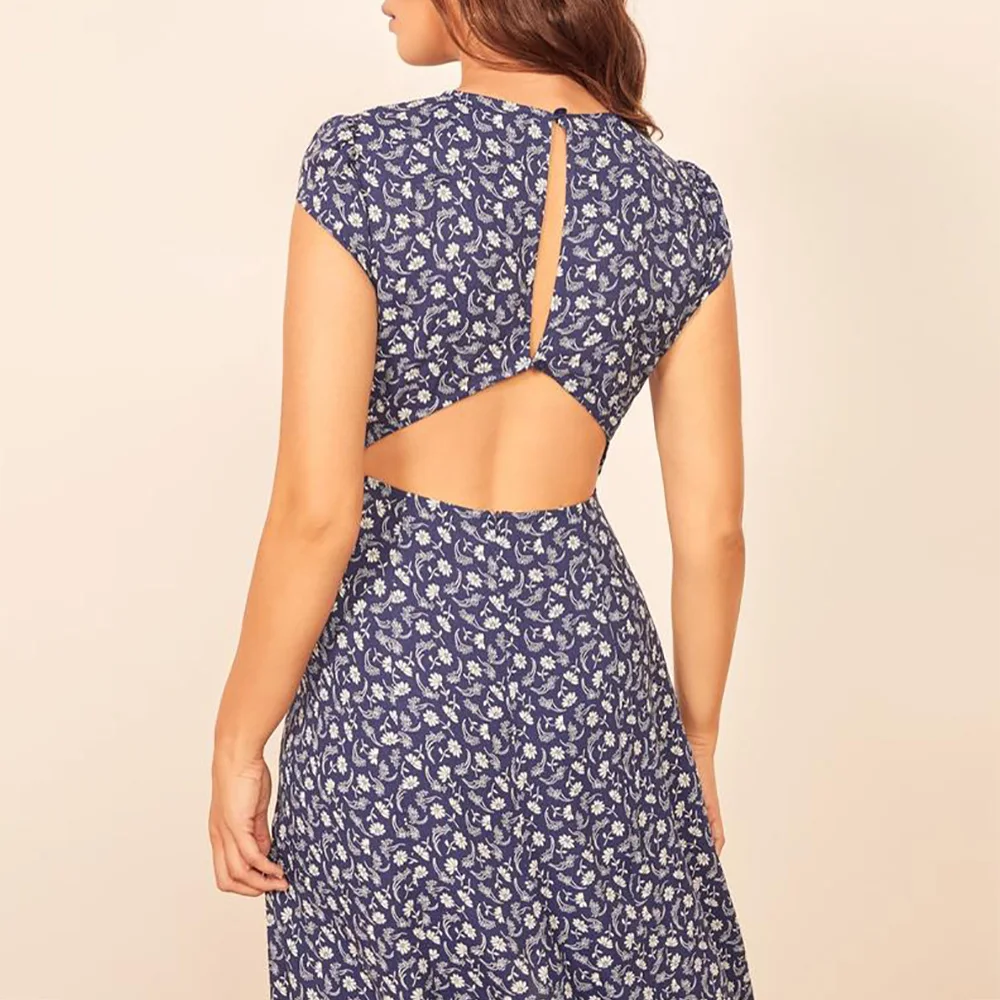 Женское платье с разрезом сзади элегантное винтажное летнее цветочным принтом