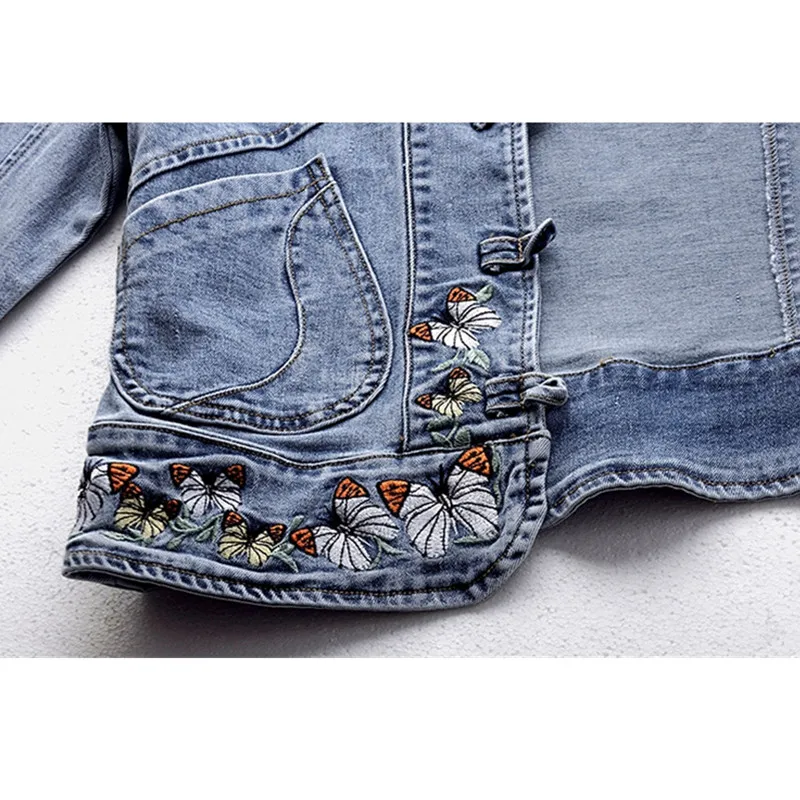 

Autumn Fashion Butterfly Embroidery Denim Jacket Women Outwear Chaquetas Mujer Stand Collar Slim Short Jeans Jackets Coat Female
