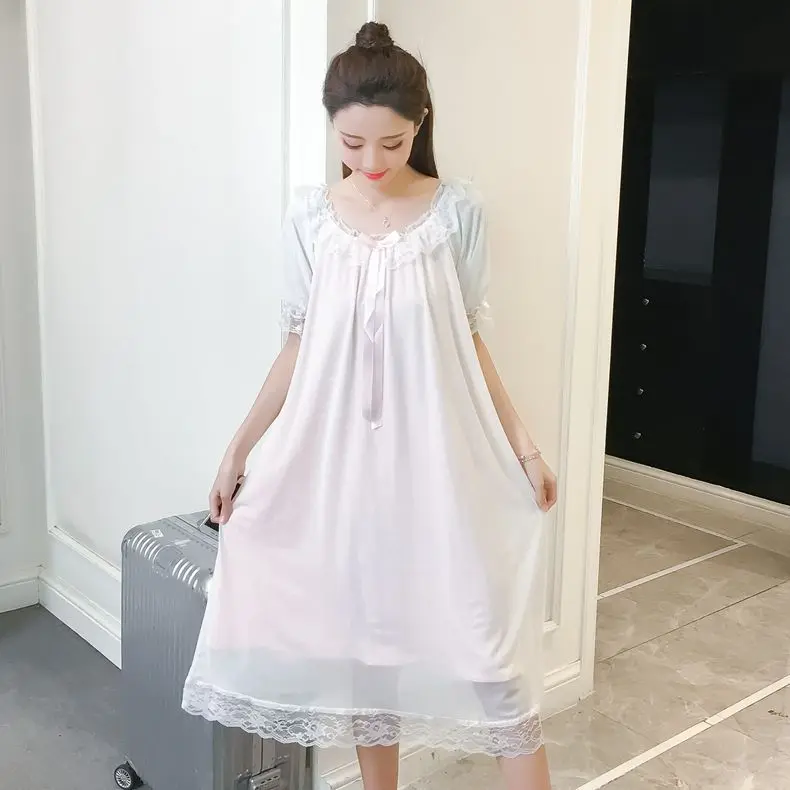 Summer Lace Nightdress Women's Thin Short Sleeve Sweet Ice Fairy Palace Style Sexy Nightgown Homewear Female Sleepwear Nightwear