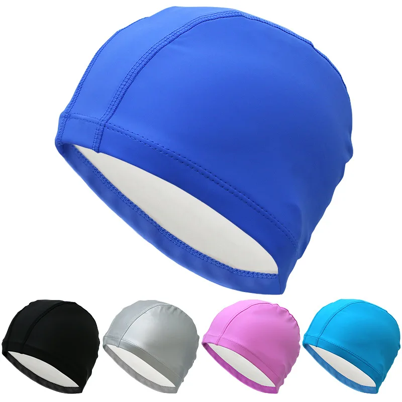 

Elastic waterproof PU fabric solid color swimming cap to protect ears long hair sports swimming pool cap unisex