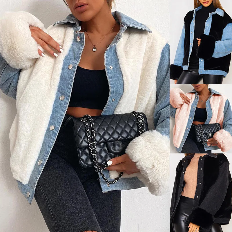 

Autumn Winter Jacket Women Lamb Wool Faux Fur Coat Splicing Denim Jackets Streetwear Woman Teddy Coat Female Jacket Overcoat