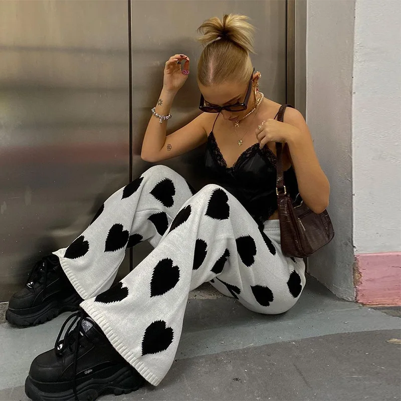 

2021 Spring Summer Women's New Products Love Print Contrasting Color High Waist Thinning Knitted Wide Leg Pants Trousers