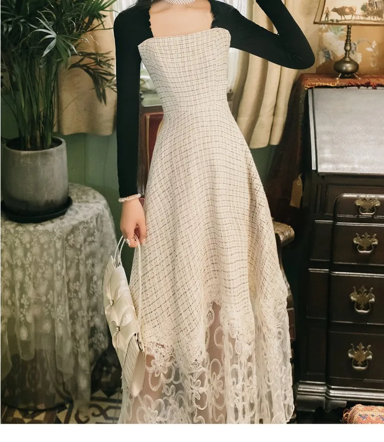 

High-end Dresses for Women Spring&Autumn New French Style Lapel Slimming Dress Lace Stitching Long Sleeve Elegant Maxi Dress New