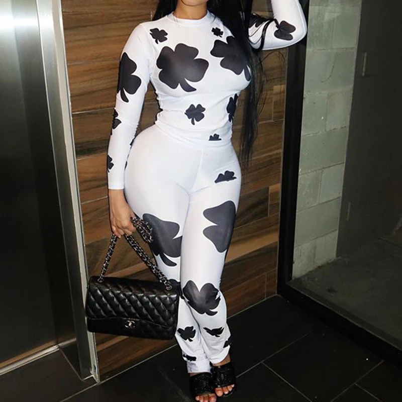 

OMSJ New Style Four-leaf Clover Print Jumpsuit Long Sleeve O-neck Skinny Sexy Rompers Womens Jumpsuit Fashion Unique Streetwear