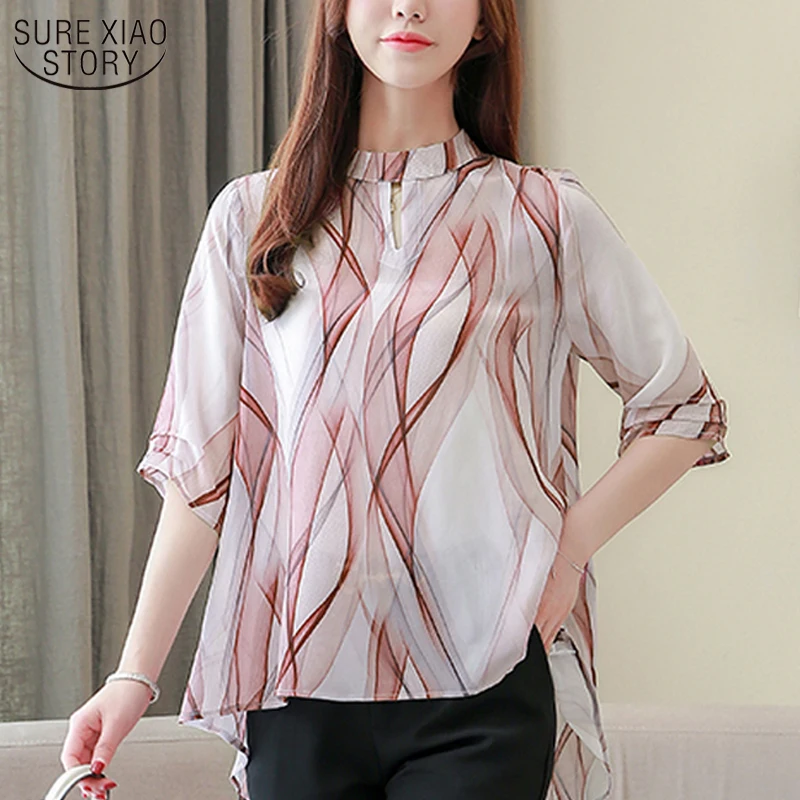 

Summer Tops Chemisier Top and Blouse 2022 Summer New Elegant Printed Stand Collar Short Sleeve Silk Tops Office Lady Femme 10071