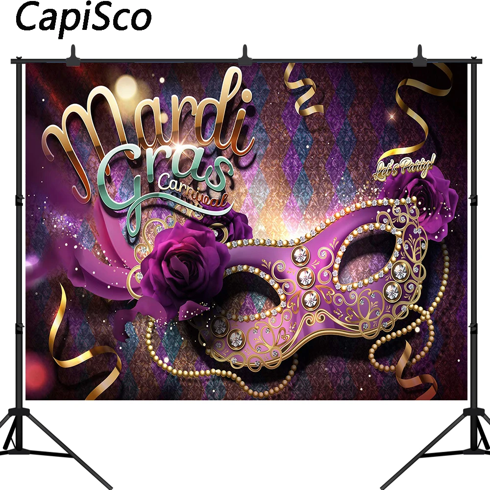 

Capisco Mardi Gras Theme Photography Backdrop Masquerade Birthday Dancing Wedding Bachelorette Party Photo background Booth