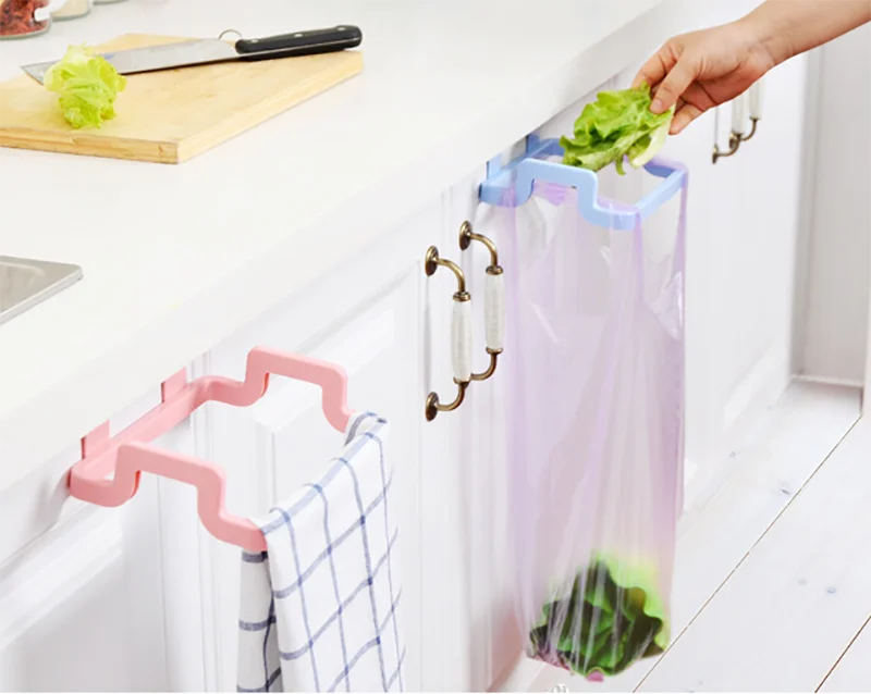 kitchen garbage bag holder in waste bin 1PC Plastic Cupboard Door Rubbish Rack cabinet door Hanging Trash Bag Rack Cloth Rack